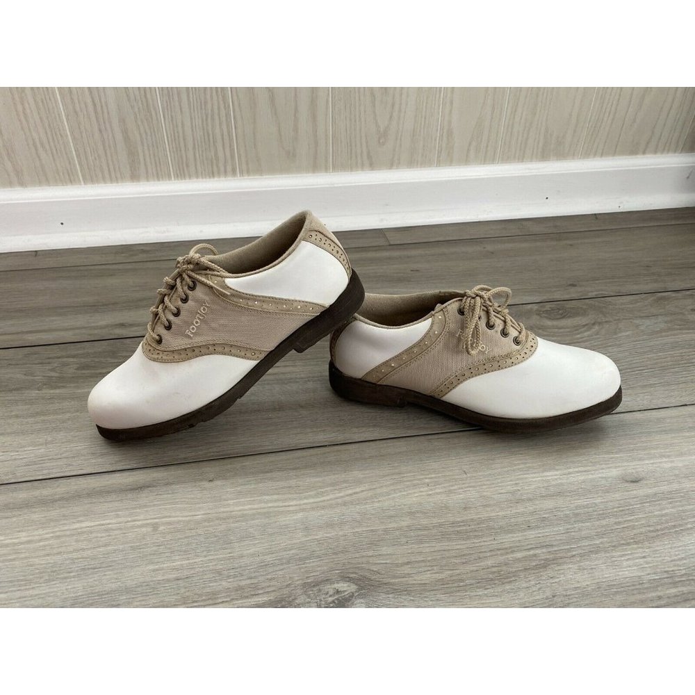 FOOTJOY "GreenJoys" white and tan leather golf shoes, Women's 6.5 M